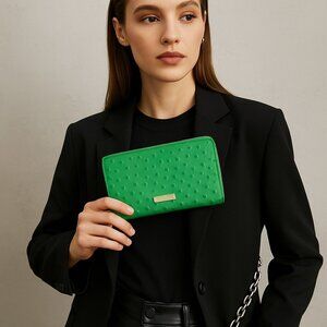 Kate Spade New York Wallet Green Ostrich Embossed Leather Card Holder